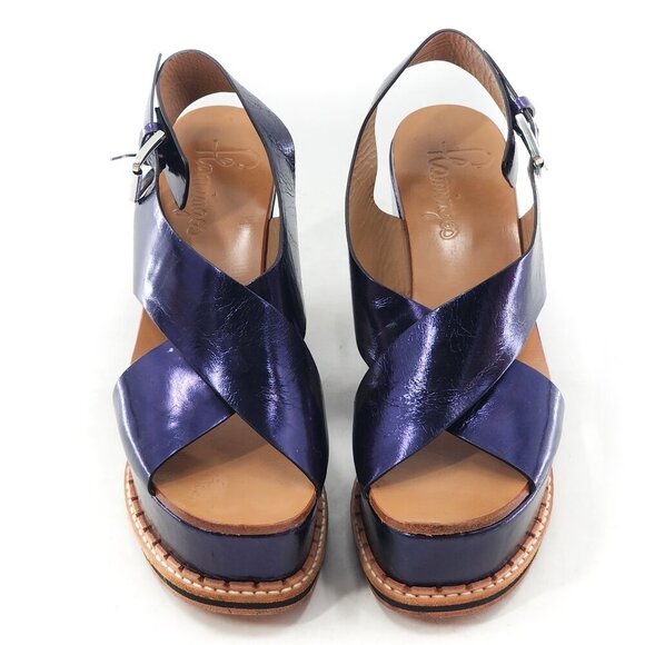FLAMINGOS Trendy Metallic Blue Leather Platform Wedge Sandal - Picture 3 of 11